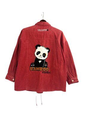 LEDiN Womens Small Red Corduroy Utility Jacket Panda Embroidery Casual Kidcore